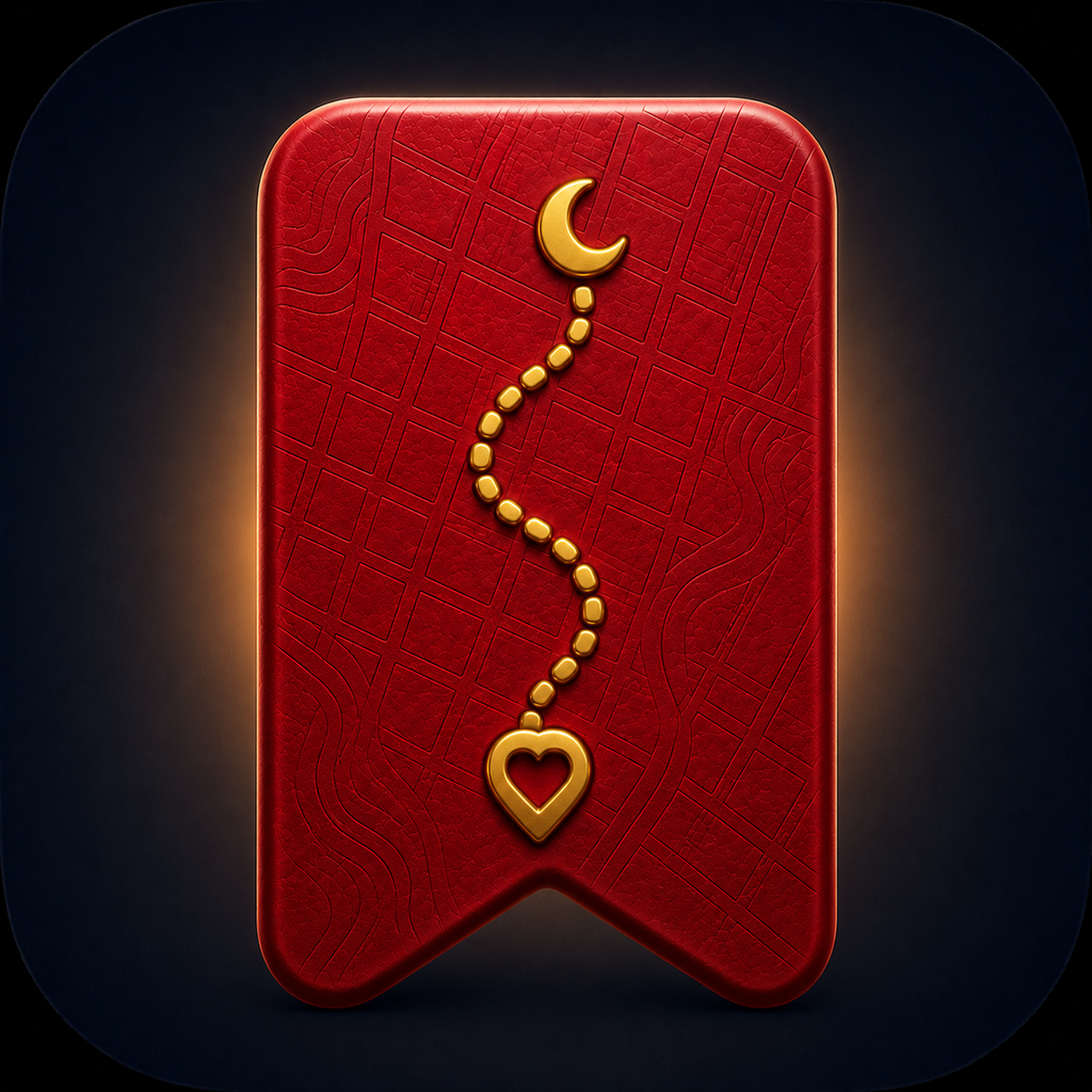 AdvenTabs app icon: a red bookmark with a gold trail and heart